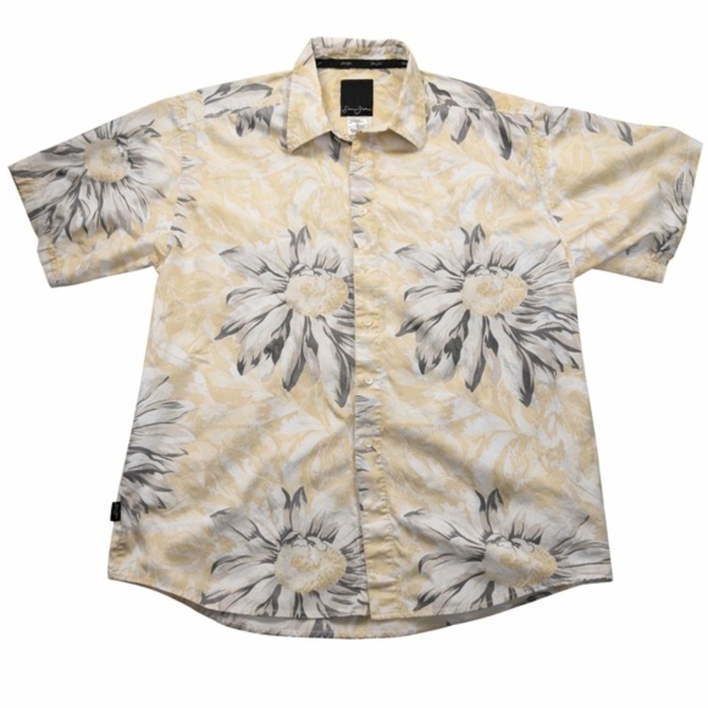 Sean John Camp Collar Shirt Mens XL Beige Floral Cotton Hip Hop Button Up